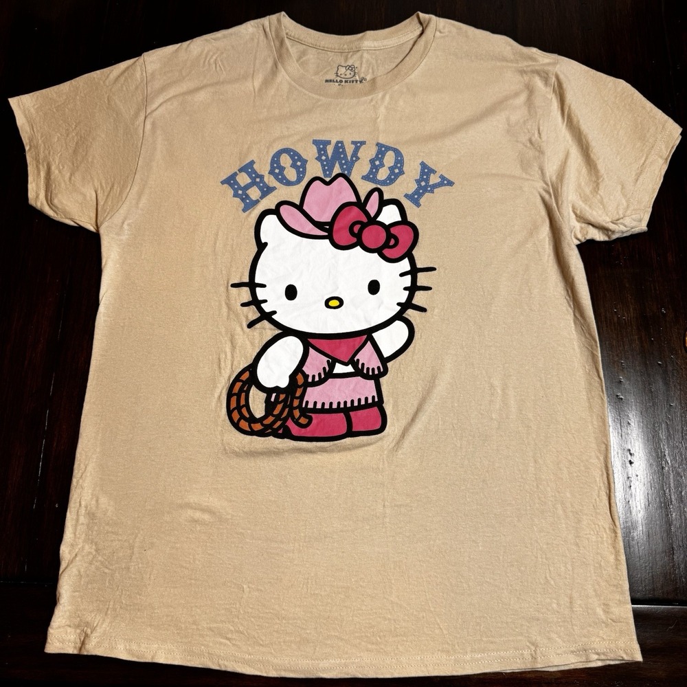 Sanrio Hello Kitty‎ "Howdy" Cowboy Graphic T-Shirt Size L Beige Pink Tee Top